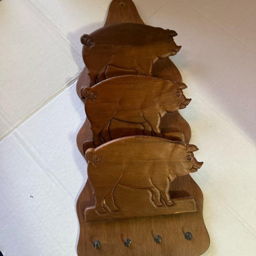 Vintage Wood Carved Pigs Letter Holder Key Hooks Wall Hanging Three Pockets